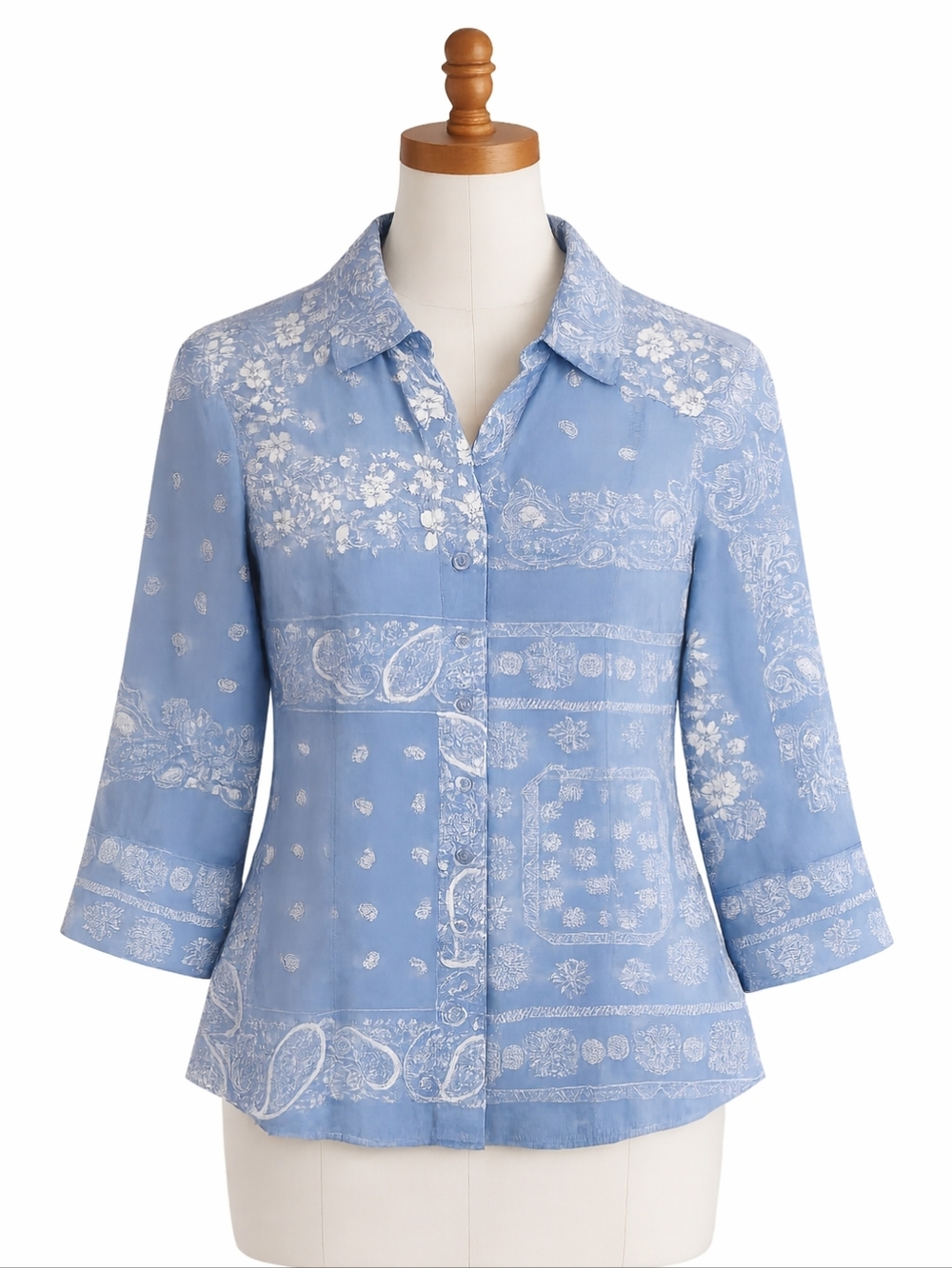 Coldwater Creek Blue Paisley Button-Front Shirt, Bandana, Hankerchief, Cotton